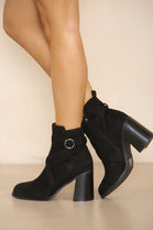 BLACK SUEDE CLASSIC HEELED ANKLE BOOT WITH BUCKLE