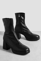 Black PU Block Heel Ankle High Stretch Boots