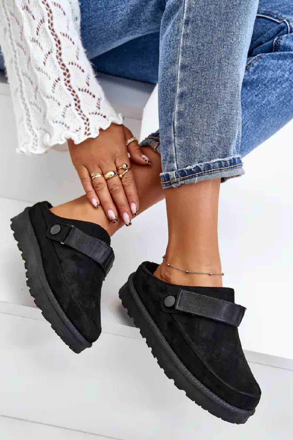 BLACK FAUX SUEDE STRAPPY CLOGS SLIP ON MULES SLIPPERS