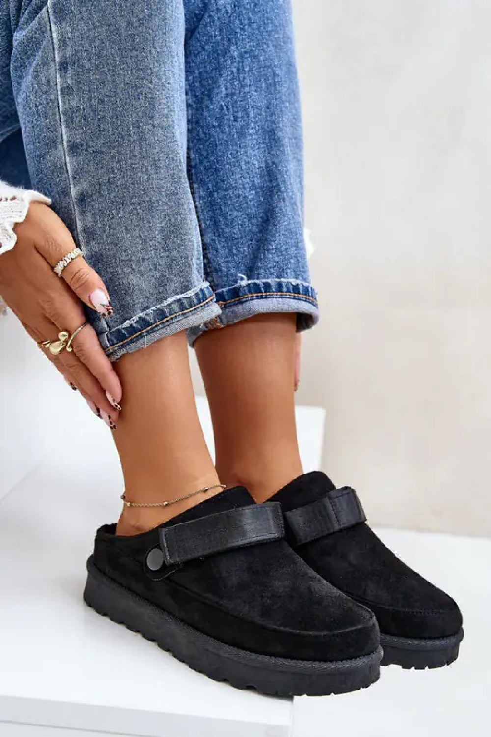 BLACK FAUX SUEDE STRAPPY CLOGS SLIP ON MULES SLIPPERS