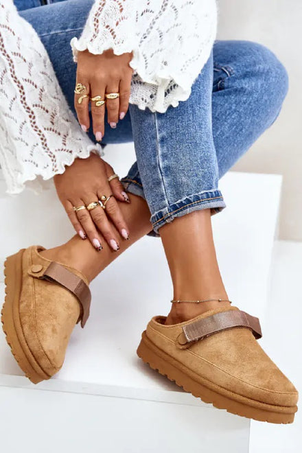 CAMEL FAUX SUEDE STRAPPY CLOGS SLIP ON MULES SLIPPERS