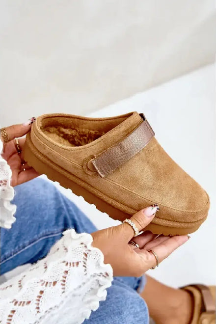 Women's Camel Fleece-Lined Clog Slippers with Adjustable Strap