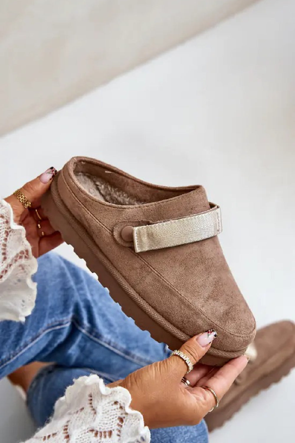 KHAKI FAUX SUEDE STRAPPY CLOGS SLIP ON MULES SLIPPERS