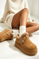 Faux Fur Lined Buckle Platform Mule Slippers in Camel | Wholesale