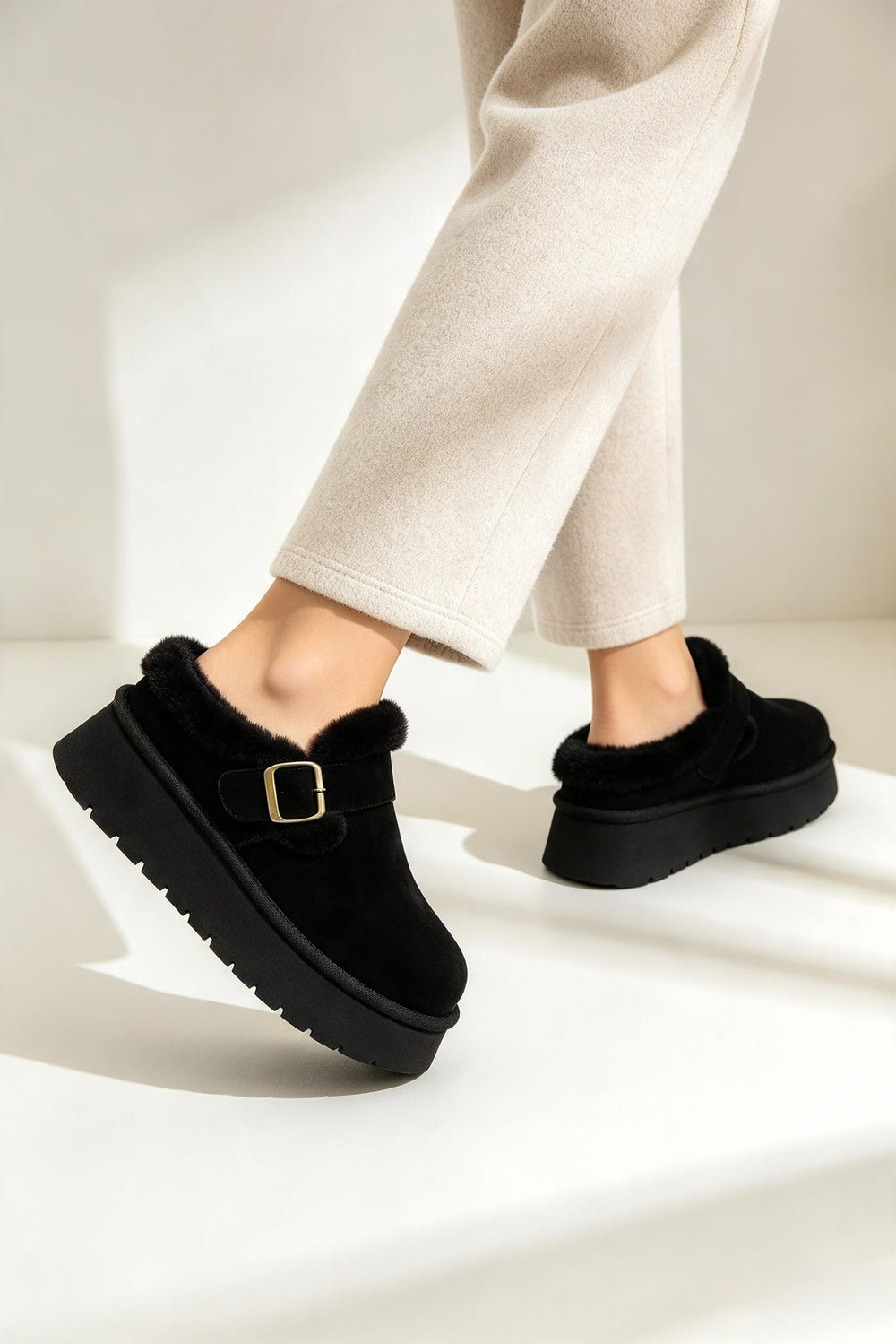 Faux Fur Lined Buckle Platform Mule Slippers in Black | Wholesale