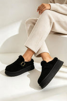 Faux Fur Lined Buckle Platform Mule Slippers in Black | Wholesale