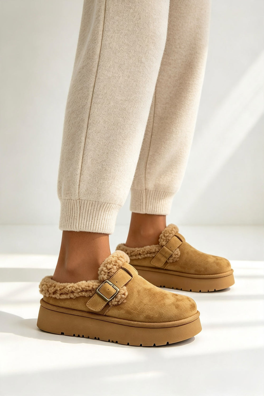 Faux Fur Lined Buckle Platform Mule Slippers in Camel | Wholesale