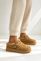 Faux Fur Lined Buckle Platform Mule Slippers in Camel | Wholesale