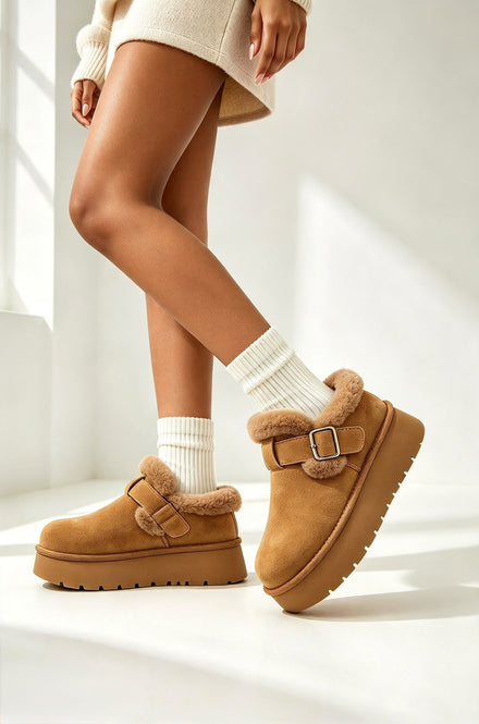 Faux Fur Lined Buckle Platform Mule Slippers in Camel | Wholesale