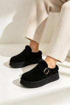 Faux Fur Lined Buckle Platform Mule Slippers in Black | Wholesale