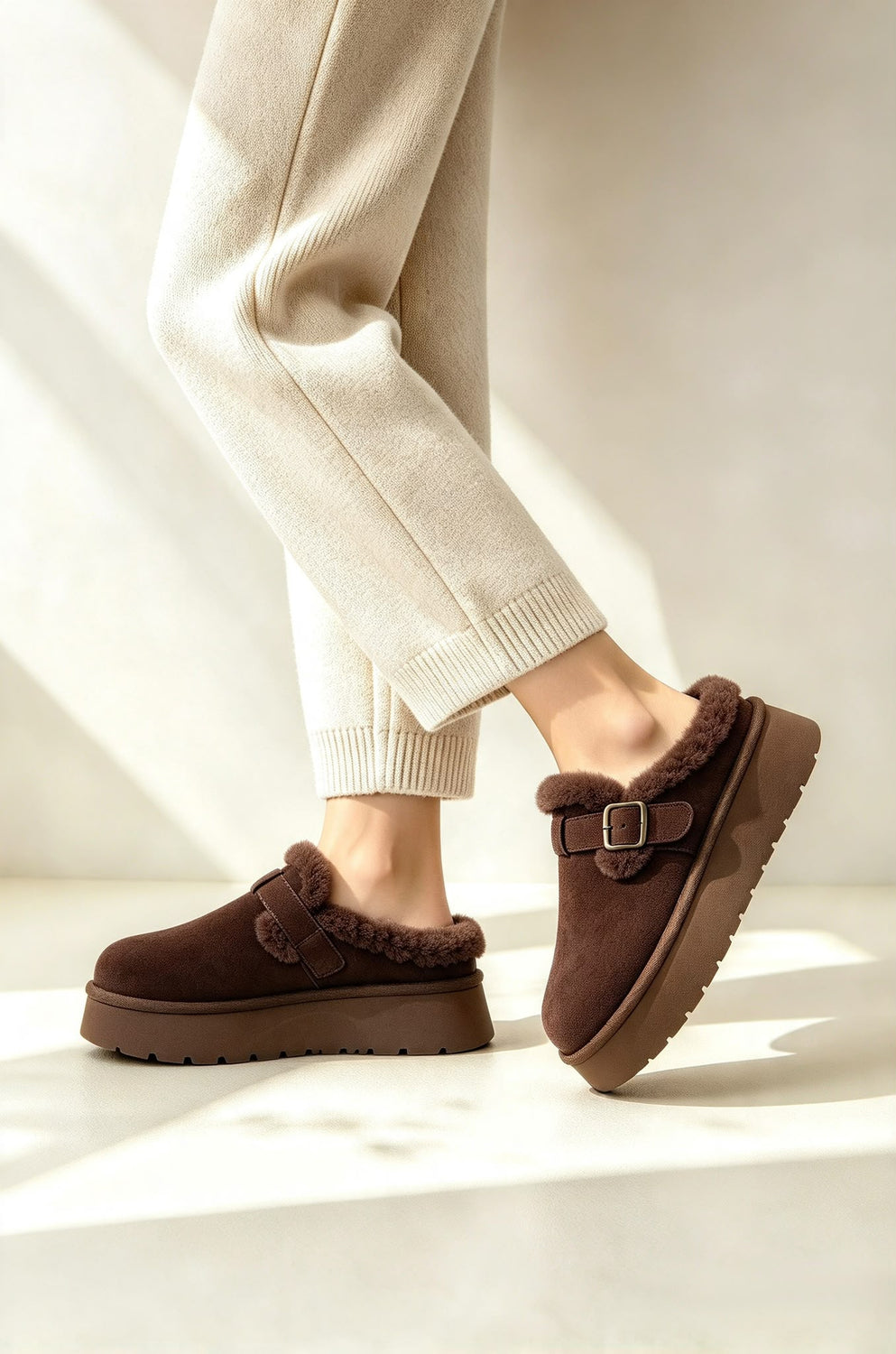Faux Fur Lined Buckle Platform Mule Slippers in Brown | Wholesale