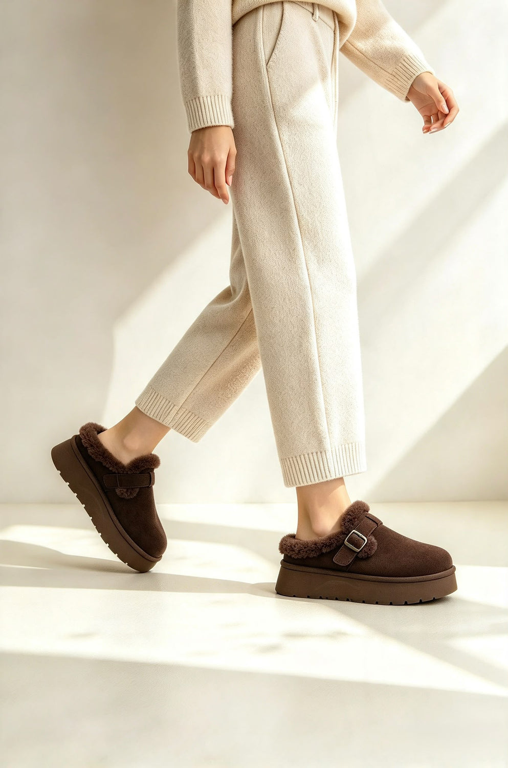 Faux Fur Lined Buckle Platform Mule Slippers in Brown | Wholesale