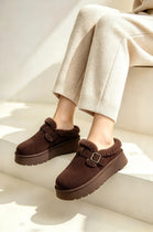 Faux Fur Lined Buckle Platform Mule Slippers in Brown | Wholesale
