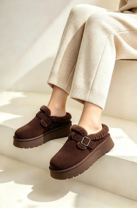 Faux Fur Lined Buckle Platform Mule Slippers in Brown | Wholesale