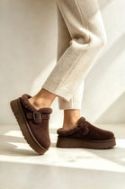 Faux Fur Lined Buckle Platform Mule Slippers in Brown | Wholesale