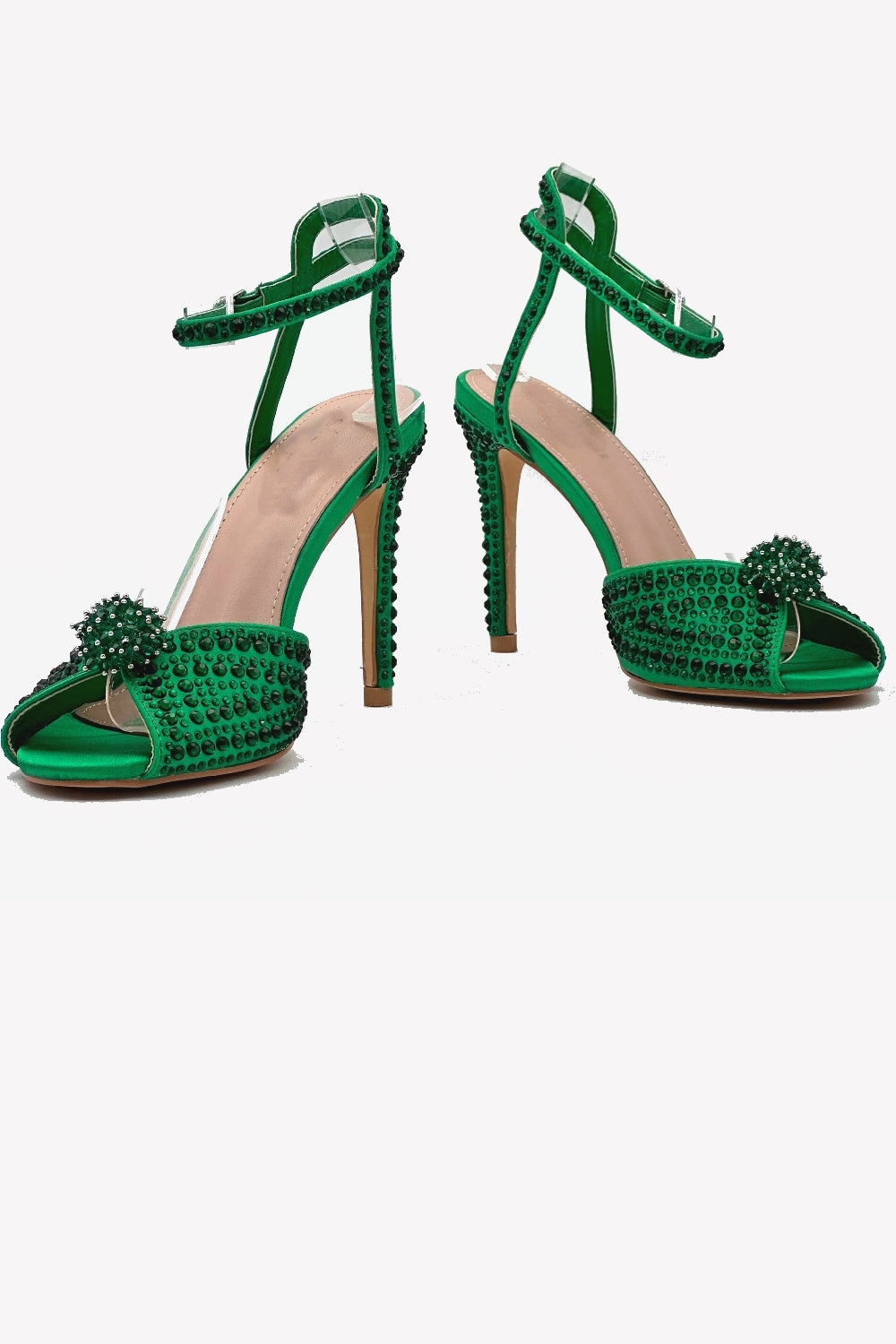 GREEN DIAMANTE DETAIL STRAPPY PARTY SANDALS STILETTO HEELS