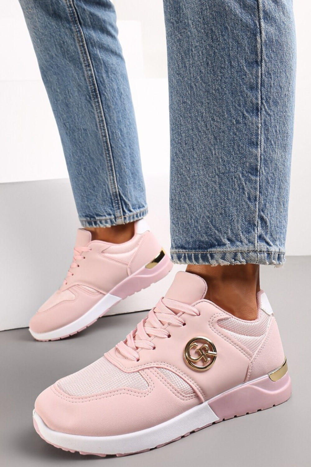 PINK LACE UP TRAINERS WITH GOLD HEEL CLIP