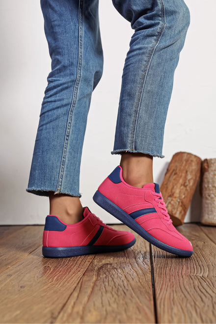 FUSHIA FAUX SUEDE GUM SOLE PLATFORM TRAINERS WITH CONTRAST STRIPES