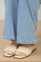 Pearl Detail Raffia Mule Nude Sandals