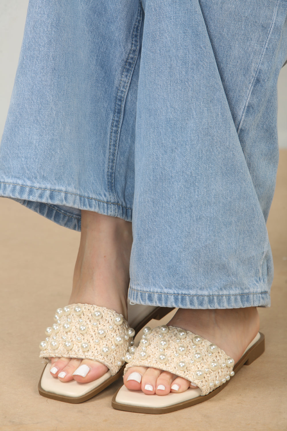 Pearl Detail Raffia Mule Nude Sandals