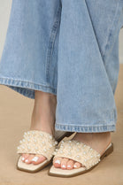 Pearl Detail Raffia Mule Nude Sandals