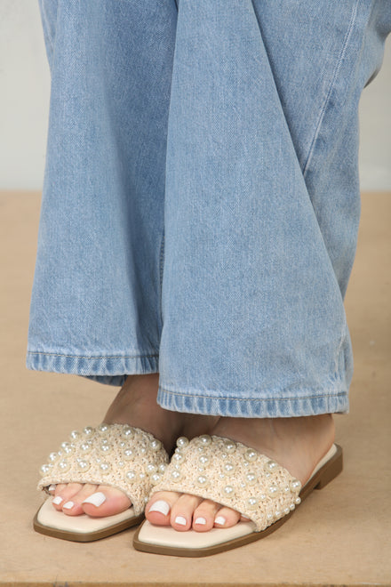 Pearl Detail Raffia Mule Nude Sandals