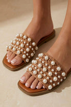 Tan Pearl Detail Raffia Mule Slip On Flat Sandals