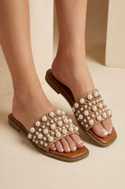 Tan Pearl Detail Raffia Mule Slip On Flat Sandals