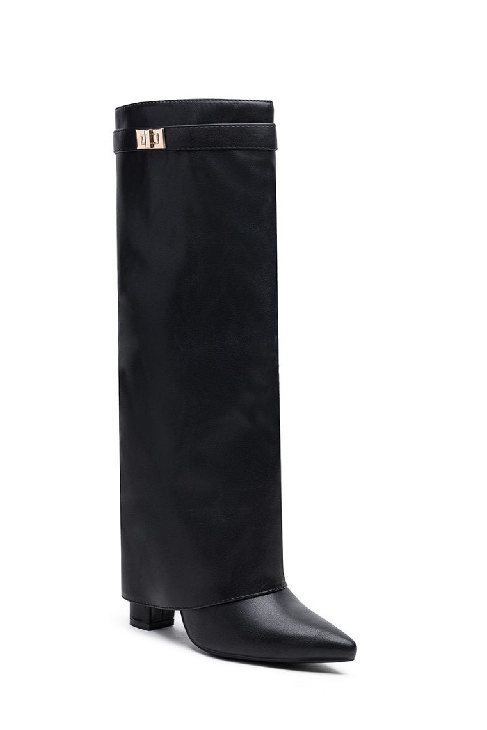 BLACK PU FOLD OVER BUCKLE DETAIL FULL INSIDE ZIP BLOCK HEEL KNEE HIGH SHARK BOOTS