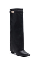 BLACK PU FOLD OVER BUCKLE DETAIL FULL INSIDE ZIP BLOCK HEEL KNEE HIGH SHARK BOOTS