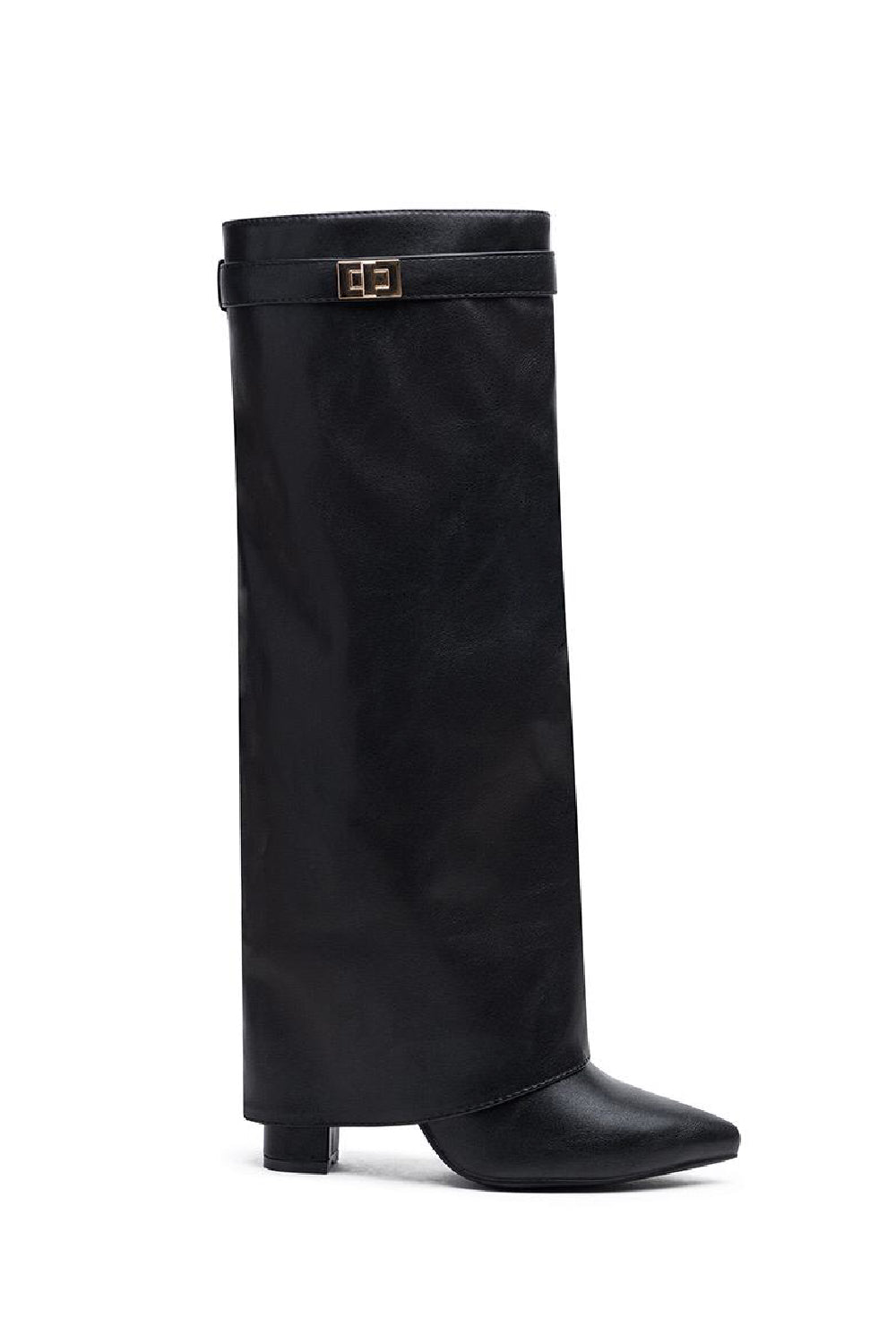 BLACK PU FOLD OVER BUCKLE DETAIL FULL INSIDE ZIP BLOCK HEEL KNEE HIGH SHARK BOOTS