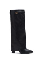 BLACK PU FOLD OVER BUCKLE DETAIL FULL INSIDE ZIP BLOCK HEEL KNEE HIGH SHARK BOOTS