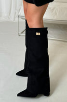 BLACK SUEDE FOLD OVER BUCKLE DETAIL FULL INSIDE ZIP BLOCK HEEL KNEE HIGH SHARK BOOTS (PACK A)