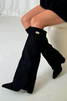 BLACK SUEDE FOLD OVER BUCKLE DETAIL FULL INSIDE ZIP BLOCK HEEL KNEE HIGH SHARK BOOTS (PACK A)