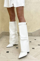 White Pu Fold Over Shark Boots Buckle Detail Knee High Shoes