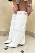 White Pu Fold Over Shark Boots Buckle Detail Knee High Shoes