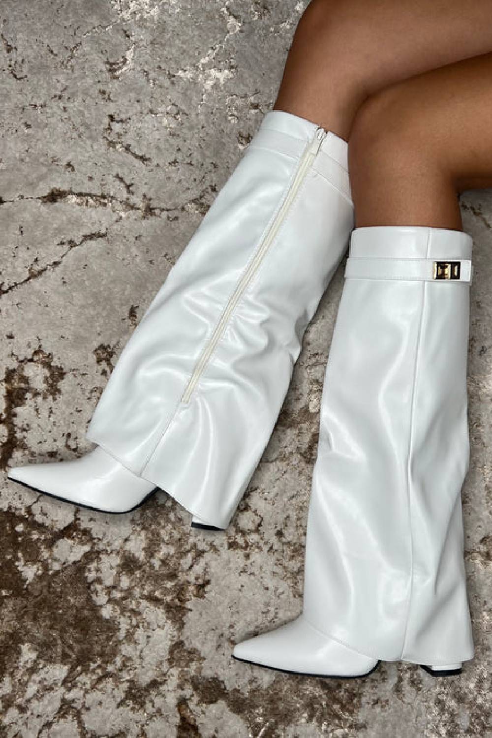White Pu Fold Over Shark Boots Buckle Detail Knee High Shoes