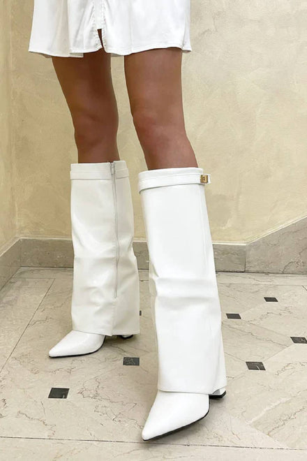 White Pu Fold Over Shark Boots Buckle Detail Knee High Shoes
