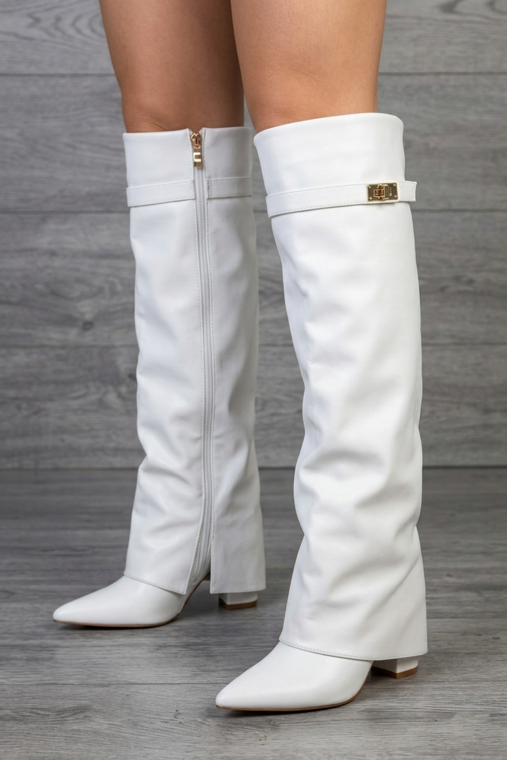 White Pu Fold Over Shark Boots Buckle Detail Knee High Shoes - Pack B