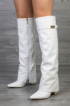 White Pu Fold Over Shark Boots Buckle Detail Knee High Shoes - Pack B