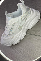 WHITE CHUNKY SOLE DIAMATIE DETAIL LACE UP TRAINERS