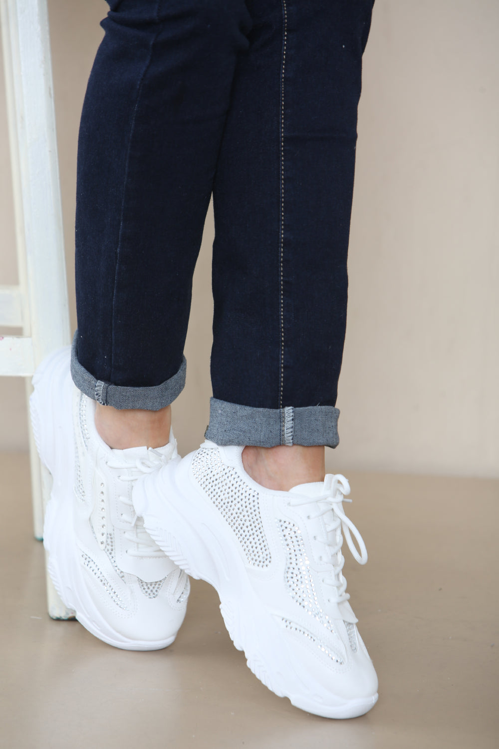 WHITE CHUNKY SOLE DIAMATIE DETAIL LACE UP TRAINERS