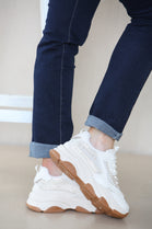 WHITE CHUNKY SOLE DIAMATIE DETAIL LACE UP TRAINERS