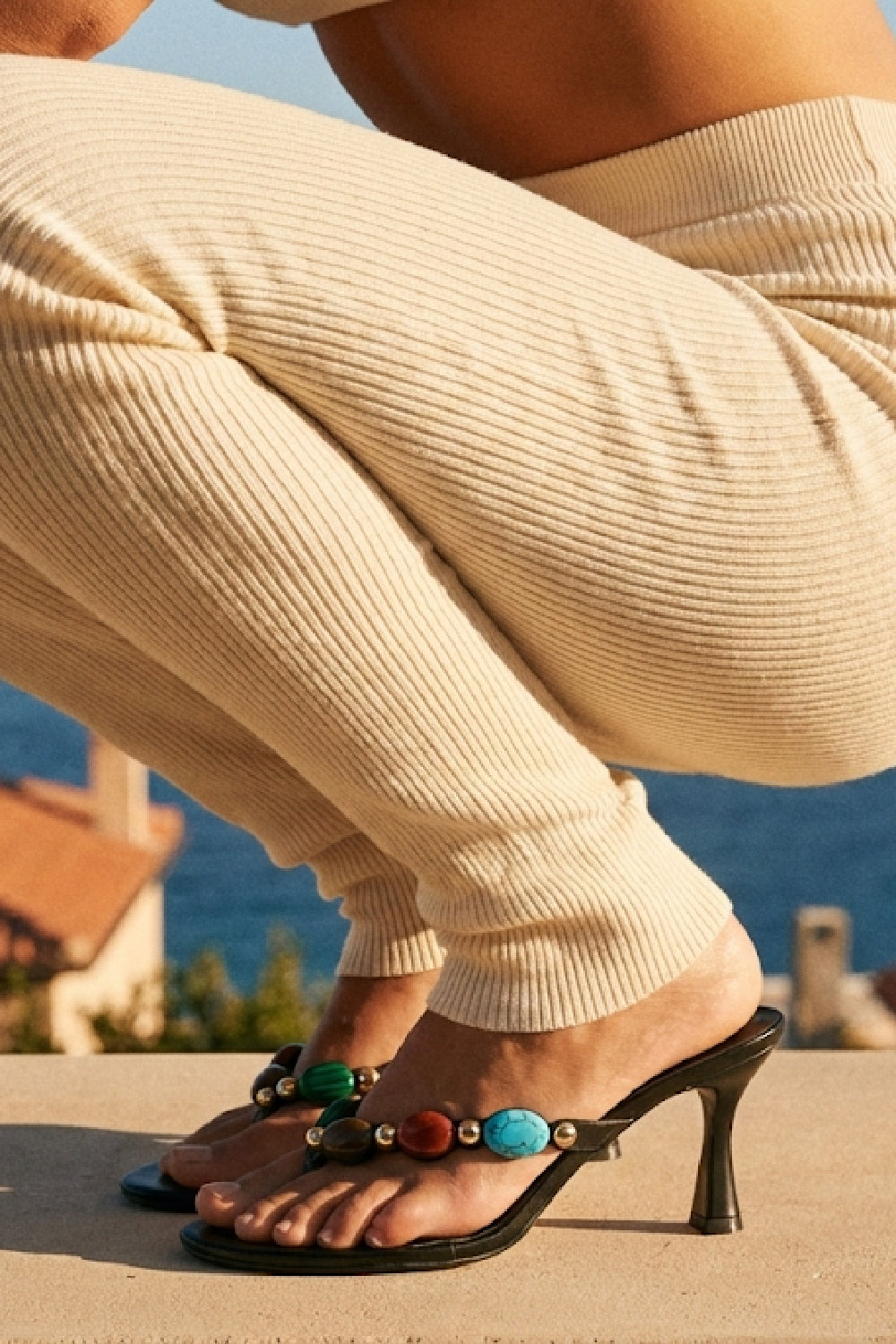 Black Mid Heel Sandal with Multi‑Stone Detail