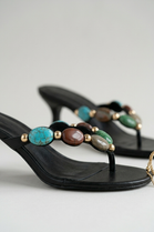 Black Mid Heel Sandal with Multi‑Stone Detail