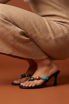 Black Mid Heel Sandal with Multi‑Stone Detail