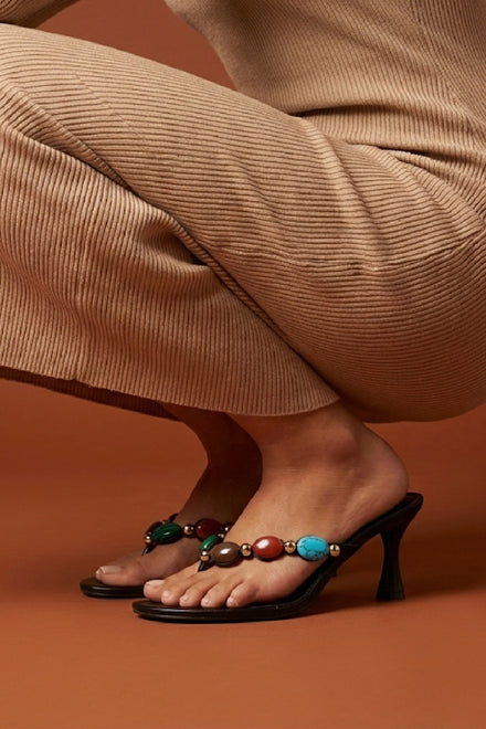 Black Mid Heel Sandal with Multi‑Stone Detail