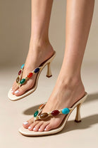 Beige Mid Heel Sandal with Multi‑Stone Detail