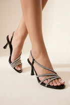 Black Rhinestone Strappy Mid‑Heel Sandal – Occasion & Evening Style