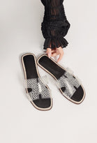 BLACK FLAT CLEAR STRAP BEADED DECOR SLIDER SANDALS MULES